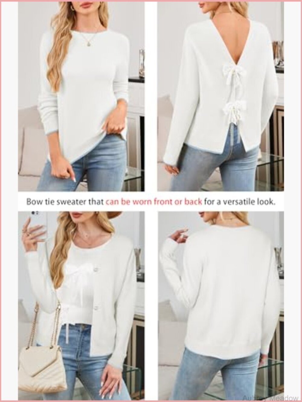 Bow Tie V Neck Lightweight Cardigan Sweater Open Front Knit Crop Top - Picture 3 of 7